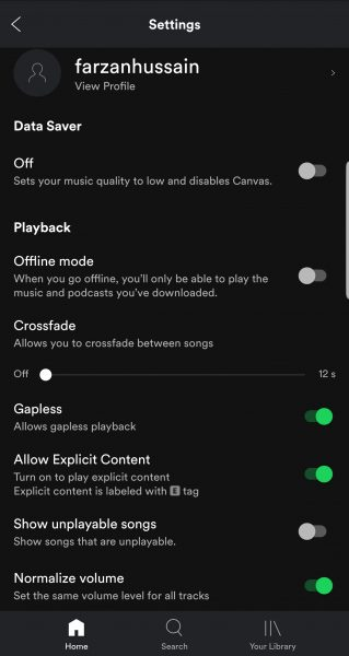 spotify settings menu