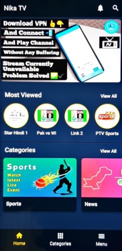 Nika TV app homepage