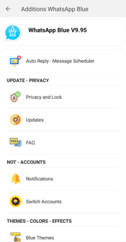 Blue WhatsApp settings page