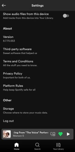 Screenshot showing settings screen of Spotify Mod 8.7.70.553