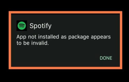 Android error Spotify app not installed package appears to be invalid