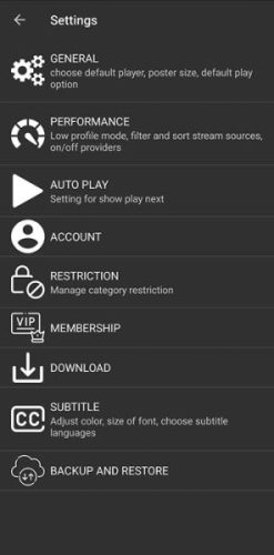 Cinema HD Settings Menu