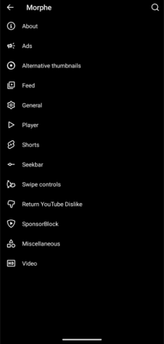YouTube Morphe Android APK Settings Menu Screenshot