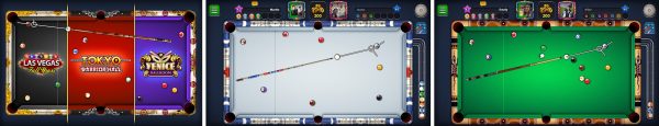 8 Ball Pool gameplay screenshots: match table, cue collection, tournament lobby