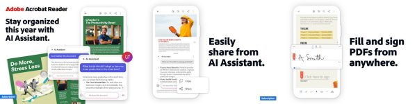 Adobe Acrobat Reader mod apk screenshots showing PDF reader, editor, and signature tools