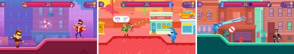 Bowmasters gameplay screenshots showing characters, duel mode, and physics-based aim