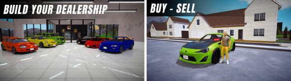 Car For Sale Simulator 2023 gameplay screenshots showing car inspection and the dealership lot