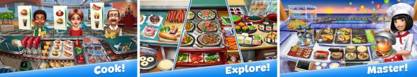 Cooking Fever mod apk gameplay screenshots showing restaurant kitchens and customer orders
