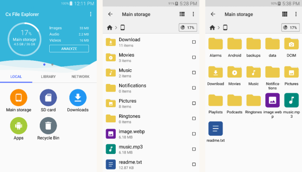 CX File Explorer Android screenshots showing the main interface