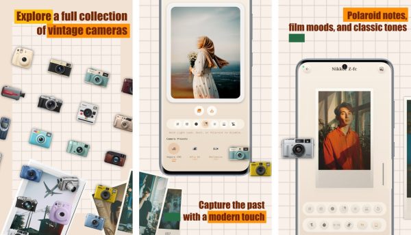Dazz Cam vintage camera filter previews and aesthetic photo editor screens