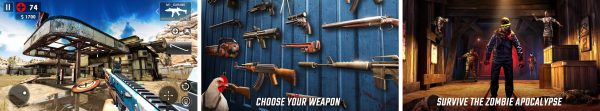Dead Trigger 2 gameplay screenshots: zombie shooter combat, base building, weapon arsenal