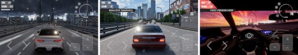 Dream Road Online gameplay screenshots showing street racing, customisation menu, and city environment