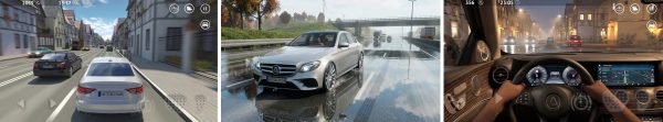 Driving Zone Germany mod apk gameplay screenshots from the cockpit on the Autobahn and city loop