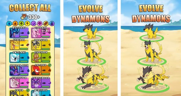 Dynamons World battle, exploration, and capture gameplay screenshots