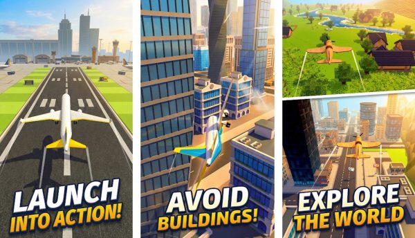 Epic Plane Evolution gameplay screenshots showing the merger workbench and a plane in flight