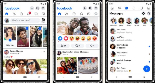 Facebook Android screenshots showing the main interface