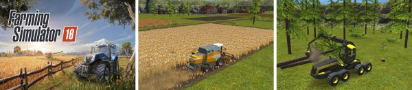 Farming Simulator 16: three Play Store screenshots showing tractor work, harvester, and livestock barn