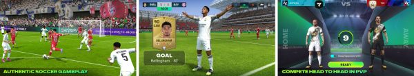 EA SPORTS FC Mobile Soccer gameplay screenshots showing a match, the squad screen, and league progression