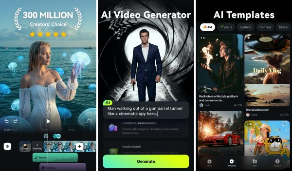 Filmora mod apk screenshots showing the editing timeline, AI tools, and effects library