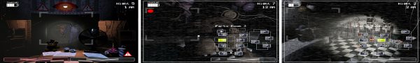 Five Nights at Freddy's 2 gameplay screenshots showing the security office, camera feed, and party-room cameras
