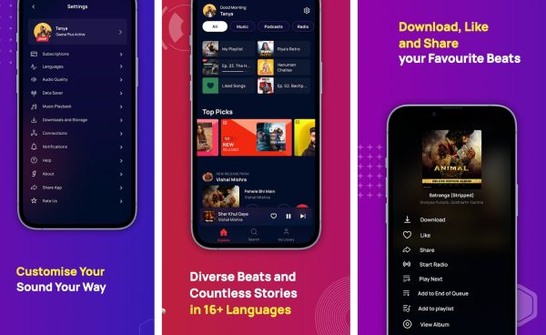 Gaana mod APK app screenshots showing the player, library, and song browsing