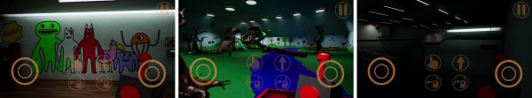 Garten of Banban gameplay screenshots showing the kindergarten interior, mascots, and puzzle rooms