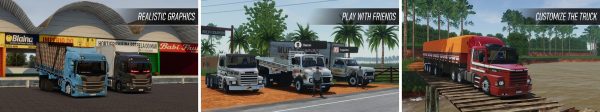 Global Truck Online gameplay screenshots: trucks on Brazilian highway, dashboard view, and multiplayer convoy