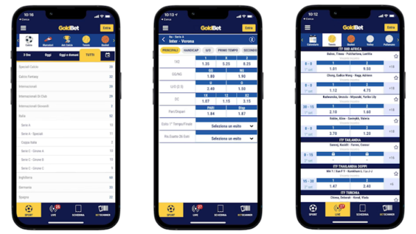 Goldbet app screenshots showing sports betting and casino sections