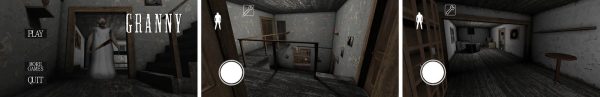 Granny gameplay screenshots showing the house interior, hiding spots, and Granny encountering the player