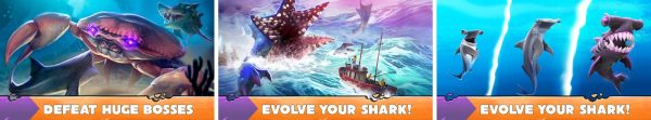 Hungry Shark Evolution gameplay screenshots showing shark evolution menu, ocean predator action, and underwater exploration