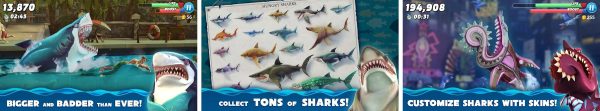 Hungry Shark World gameplay screenshots showing shark feeding frenzy across multiple oceans