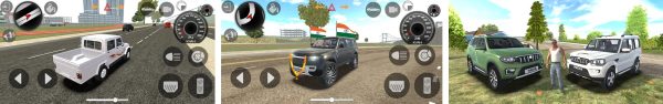 Indian Cars Simulator 3D screenshots showing TATA, Mahindra and Maruti cars on Indian roads