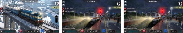 Indian Train Simulator gameplay screenshots showing cab view, route map, and station approach