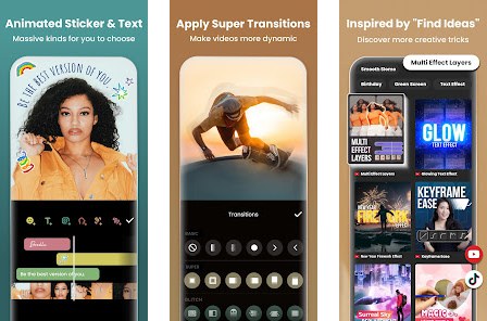 InShot Android editor screens showing the multi-track timeline, filters panel, and music picker