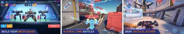 Mech Arena gameplay screenshots showing mech combat, hangar build screen, and arena map
