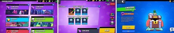 Multi Brawl gameplay screenshots showing arena, brawlers, and trophy menu
