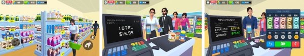 My Supermarket Simulator 3D gameplay screenshots showing aisles, register, and product placement