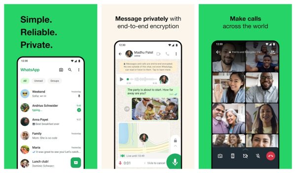 NSWhatsApp 3D interface composite: chat list, conversation, and customization view
