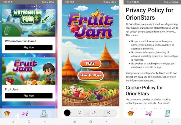 Orion Stars Android screenshots showing the main interface