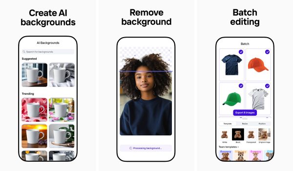 Photoroom AI photo editor screenshots showing background removal, retouching, and template browsing