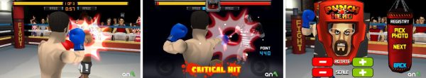 Punch Hero gameplay across three rounds, showing the arcade boxing ring and combo system