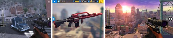 Pure Sniper gameplay screenshots showing sniper missions, weapon workshop, and tactical scope view