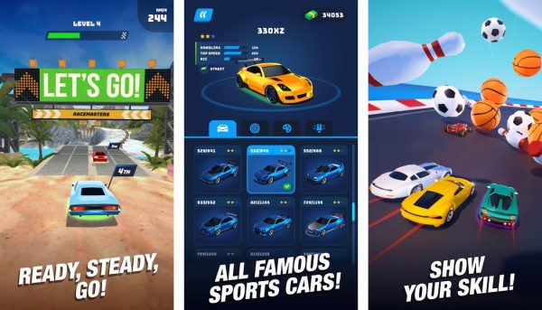 Race Master 3D gameplay screenshots showing obstacle tracks, car garage, and racing action