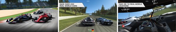 Real Racing 3 gameplay - three screenshots showing the garage, a McLaren on a Silverstone-style circuit, and an in-race HUD view