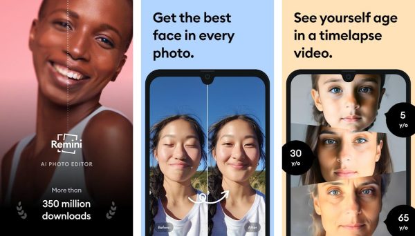 Remini AI photo enhancer screenshots showing before and after photo enhancement