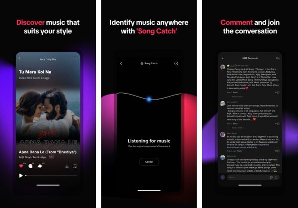 Resso music player interface screenshots showing now-playing screen, lyrics view, and library tab