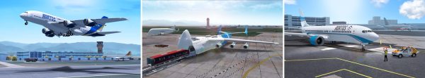 RFS Real Flight Simulator gameplay screenshots showing 3D cockpit, airport, and flight over satellite terrain
