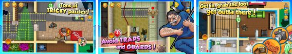 Robbery Bob 2 Double Trouble gameplay screenshots showing stealth sneaking, security guards and loot collection