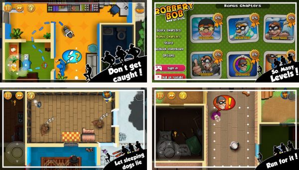 Robbery Bob Android screenshots showing the main interface