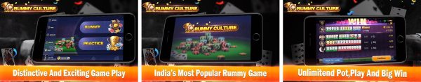 RummyCulture mod apk gameplay screenshots showing the game lobby, branding screen, and a winning round